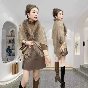 Большой меховой воротник накидка шаль вязаная теплая внешняя шаль с бахромой новая 85 красный