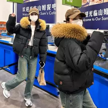 Большой меховой воротник новая маленькая стеганая куртка женская утолщенная свободная модная студенческая теплая куртка для хлеба стеганая куртка M