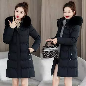 Большой меховой воротник, новое зимнее пальто, средняя и длинная, с капюшоном, хлопковая подкладка, пояс, тонкая, большого размера, утолщенная хлопковая одежда для женщин XL