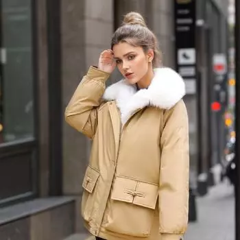 Большой меховой воротник пирог преодолевает женские 2024 новые популярные зимние короткие хлопчатобумажные куртки с набивкой хлопчатобумажные куртки утолщенные хлопчатобумажные куртки с набивкой M белый