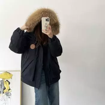 Большой меховой воротник пуховик женский свободный 24 зимняя новая пара пирог преодоление открытый короткий утолщенный инструментальная куртка S Fits 80-57.5kg