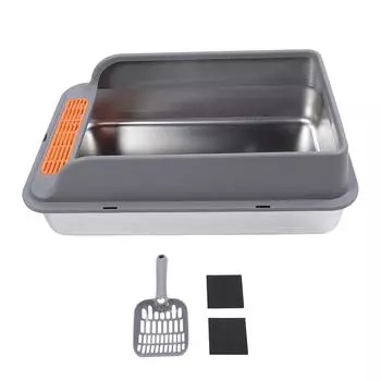 Большой металлический лоток для кошачьего туалета из нержавеющей стали с защитой от брызг и педалью L темно-серого