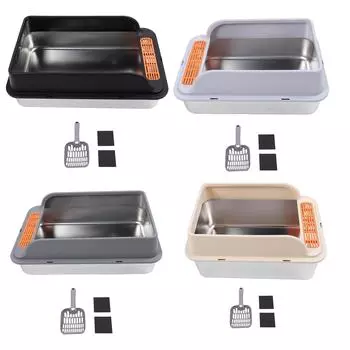 Большой металлический лоток для кошачьего туалета из нержавеющей стали с защитой от брызг и высоким бортиком, с педальным фильтром Khaki Large