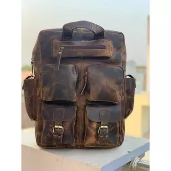 Большой мужской винтажный рюкзак из натуральной желтой кожи, дорожный рюкзак, спортивная сумка для ноутбука 16 x 12 x 5 in коричневый