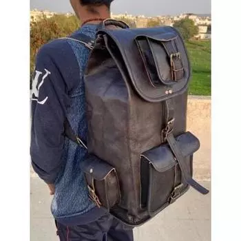 Большой мужской винтажный рюкзак из натуральной козьей кожи, дорожный рюкзак, спортивная сумка для ноутбука 16 x 8 x 10 in чёрный