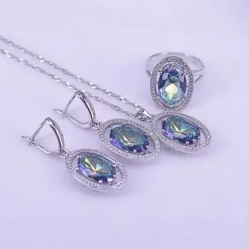 Большой овальный Радужный Синий Серебро 925 Ювелирные Изделия Серьги Кольцо Ожерелье Набор Лучший Подарок для Женщин 10
