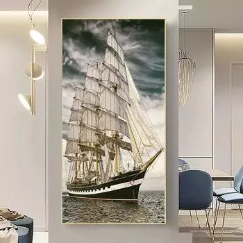 Большой парусник, художественное произведение, постер, картины на холсте, принты, эстетический морской пейзаж, настенные панно для гостиной, украшения офиса, без рамки 20*40cm