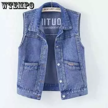 Большой повседневный джинсовый жилет весна-осень свободный и универсальный жилет без рукавов с карманами для женщин S