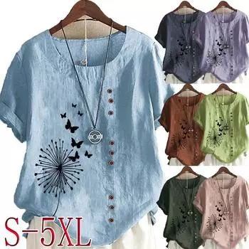 Большой повседневный свободный свитер с принтом бабочек и короткими рукавами, футболка в стиле ретро из хлопка и льна, женская одежда S зелёный