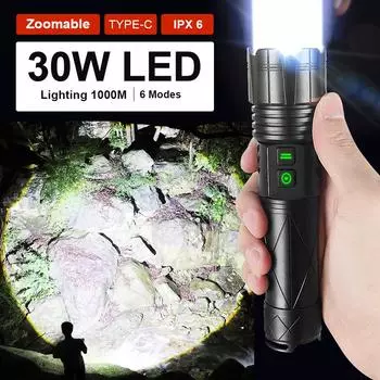 Большой радиус действия 1000 м, мощный светодиодный фонарик, 30 Вт, перезаряжаемые светодиодные фонарики, уличный фонарь, кемпинговые фонари no battery чёрный