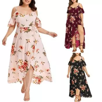 Большой размер 2024, летнее платье для женщин, большие размеры, пляжный отдых, сексуальная юбка-бретелька с цветочным принтом, богемное повседневное мини-платье большого размера L