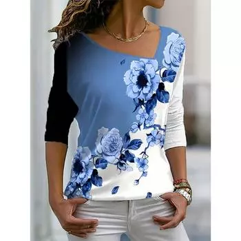 Большой размер 2025 Лето Новинка Женская футболка с принтом, с вырезом лодочкой, с длинным рукавом, свободная, повседневная, полиэстер S