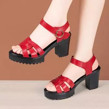 Большой размер 34-43 Удобные туфли из мягкой кожи Женские туфли на высоком каблуке Сандалии Летние сандалии на толстой платформе Офис Пляж Мама 34