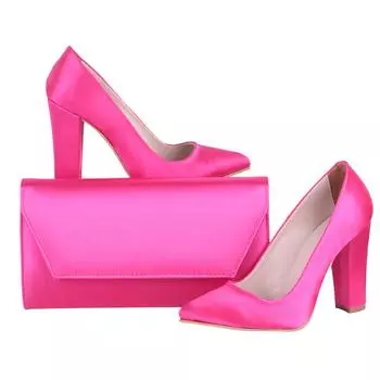 Большой размер 34-45 Женский комплект обуви и сумки Свадебный комплект на каблуке и сумке Женские атласные туфли на каблуке Женские сумки на массивном каблуке Вечерние RA-10000