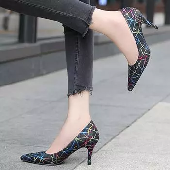 Большой размер 35–44, 45, 46, модная женская обувь на шпильке, повседневные офисные туфли-лодочки с острым носком, высокие каблуки 7,5 см, брендовый узор 33