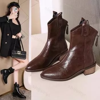 Большой размер 43 из искусственной кожи на массивном высоком каблуке, ковбойские сапоги в стиле вестерн, новинка 2025 года, теплые зимние туфли с острым носком, женские ботильоны для вечеринок 34 чёрный