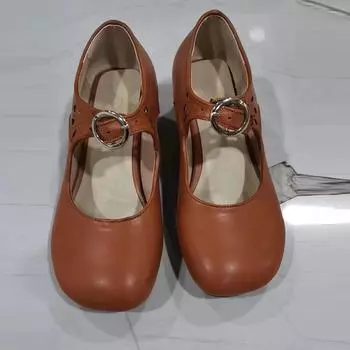 Большой размер 43 Туфли Мэри Джейн на массивном каблуке для женщин Низкий каблук Ремешок Лодочки Мягкая кожа Новые Весенние Милые Балетки Удобные 35