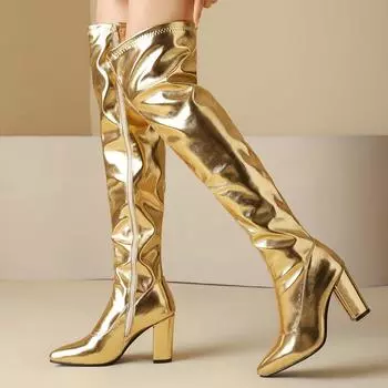 Большой размер 44, 45, 46, лакированная кожа, блестящий золотой, серебряный цвет, острый носок, высокие каблуки, женские сексуальные сапоги выше колена с полной молнией, зимние 33 золотой
