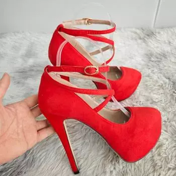 Большой размер 44 элегантные женские туфли-лодочки сексуальные туфли с круглым носком и открытой пяткой на очень высоком каблуке на платформе и шпильках для вечеринок, свадеб и банкетов 35 красный