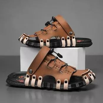 Большой размер 46 роскошные мужские кожаные тапочки сандалии удобные дышащие повседневные туфли мужские модные кроссовки для отдыха мужские тапочки сланцы обувь мужская 45 коричневый