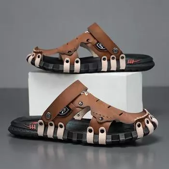 Большой размер 46 роскошные мужские кожаные тапочки сандалии удобные дышащие повседневные туфли мужские модные кроссовки для отдыха мужские тапочки сланцы обувь мужская 45 коричневый