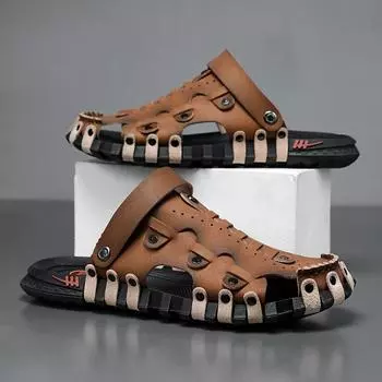 Большой размер 46 роскошные мужские кожаные тапочки сандалии удобные дышащие повседневные туфли мужские модные кроссовки для отдыха мужские тапочки сланцы обувь мужская 45 коричневый