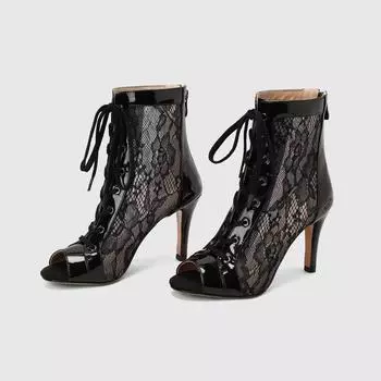 Большой размер 46 женские кружевные сетчатые сапоги летние высокие каблуки-шпильки с открытым носком на шнуровке дышащие женские туфли для вечеринок 34