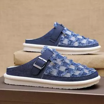 Большой размер 47 роскошные мужские полутапочки сандалии удобные дышащие парусиновые повседневные туфли мужские модные кроссовки для отдыха мужские тапочки сланцы обувь мужская 42 синий