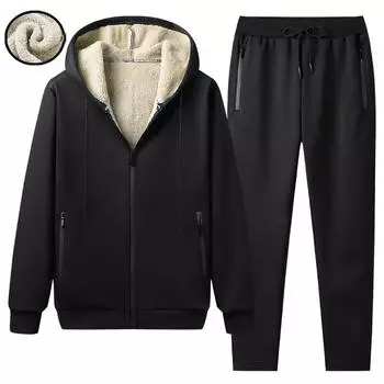 Большой размер 5XL мужской эластичный утепленный спортивный костюм комплект верхней одежды с капюшоном свободный теплый однотонный цвет 1 комплект одежды M чёрный