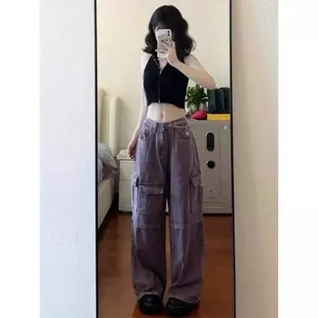 Большой размер, американская ретро-фиолетовая рабочая одежда, джинсы, женские осенние свободные широкие брюки с высокой талией для девочек, модные брюки-швабры 4XL