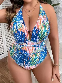 Большой размер бикини цельный купальник женский сексуальный глубокий V-образный вырез цветочный принт бикини купальники пляжная одежда танкини 0xl синий