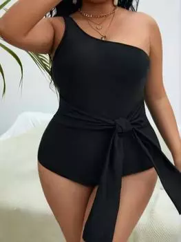 Большой размер цельный купальник для женщин одно плечо открытое сексуальное бикини черный пояс с высокой талией цельный купальник 4XL чёрный