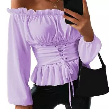 Большой размер, длинные рюши с длинными рюшами, открытая спина, узкая талия, кружевные рукава-фонарики, однотонный топ без воротника M чёрный