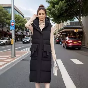 Большой размер длинный выше колена пуховый жилет из хлопка утепленный жилет с капюшоном осенне-зимняя куртка без рукавов толстый жилет M чёрный
