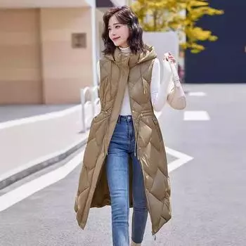Большой размер длинный выше колена пуховый жилет из хлопка утепленный жилет с капюшоном осенне-зимняя куртка без рукавов утепленный жилет для женщин L абрикосовый