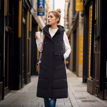 Большой размер длинный жилет выше колена утепленный жилет с капюшоном осенне-зимняя куртка без рукавов толстый жилет M белый