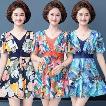 Большой размер для женщин среднего возраста из двух частей. Скромный купальник с принтом. Платье для плавания на шнурке. Шорты для мальчика. Комплект купальников с короткими рукавами. L