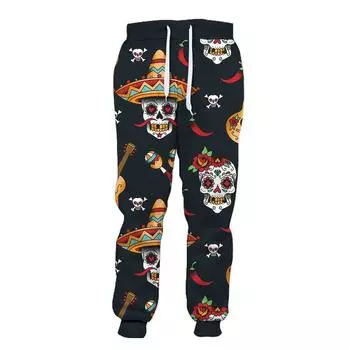 Большой размер FashionPrint Flower Hat Длинная борода Череп с принтом Мужские повседневные черные спортивные брюки L