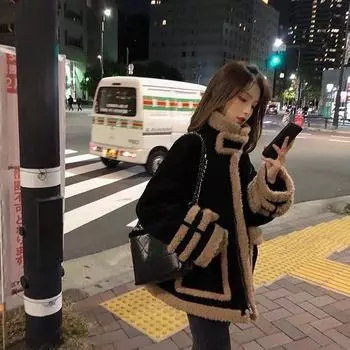 Большой размер fat mm small ароматный ветер овечья шерсть вельвет короткая искусственный мех куртка женская свободная утолщенная осень и зима локомотив S [Recommended 80-47.5 kg]