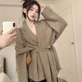 Большой размер французский усовершенствованный кардиган с V-образным вырезом пальто женский весна и осень ленивый ветер окантовка талии толстый свитер топ S чёрный