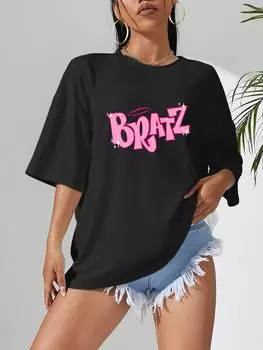 Большой размер, футболка большого размера с буквенным принтом и коротким рукавом, женская повседневная футболка-пуловер больших размеров XS чёрный