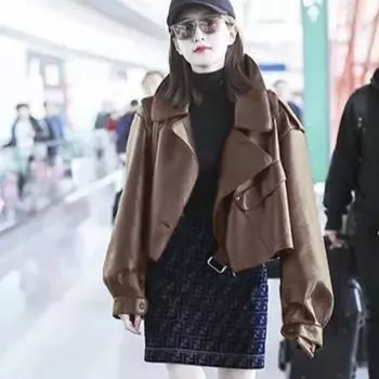 Большой размер иностранный стиль воротник костюма женская короткая куртка из искусственной кожи женская мода дизайн чувство асимметричный красивый локомотив L recommends 90-52.5 kg чёрный