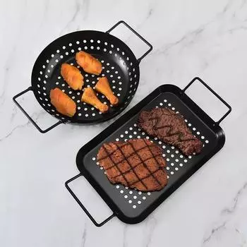 Большой размер из нержавеющей стали с антипригарным покрытием и маленькими отверстиями, поднос для гриля для барбекю с ручкой, поднос для кемпинга, овощей, говядины, мяса, корзина для гриля