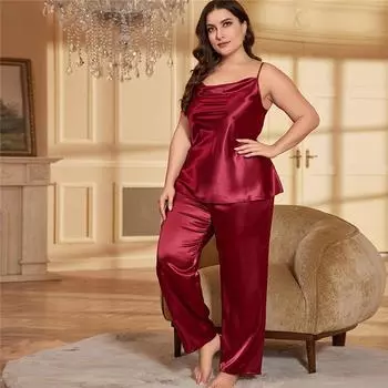 Большой размер, камзол на бретельках + брюки, пижамы, женский летний халат, сексуальный халат, домашнее платье, домашний костюм из ледяного шелка 1XL чёрный