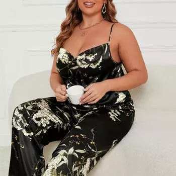 Большой размер, камзол на бретельках + брюки, пижамы, женский летний халат, сексуальный халат, домашнее платье, домашний костюм из ледяного шелка 1XL чёрный