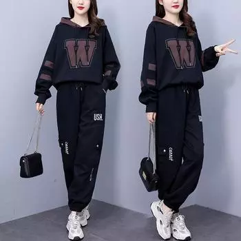 Большой размер Костюм толстой сестры Женский Плюс бархатный Толстый Осенний Худи Брюки гарем Повседневный Костюм-двойка S