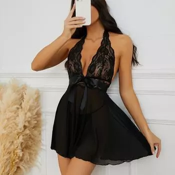 Большой размер кружевной перспективный сексуальный цельный комплект нижнего белья с бантом сетчатая ночная рубашка женская S