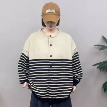 Большой размер ленивый ветер осень и зима новый свободный вязаный кардиган корейская версия простой и универсальный полосатый свитер женское пальто one size fits all абрикосовый