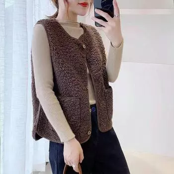 Большой размер майка из овчины для людей среднего и пожилого возраста с круглым вырезом и карманами на молнии куртка для отдыха 2024 года осень-зима ретро модный жилет без рукавов 3XL верблюд