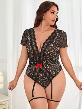 Большой размер MM кружевной комбинезон с принтом, подтяжками, кольцами для ног, сексуальное нижнее белье 1XL
